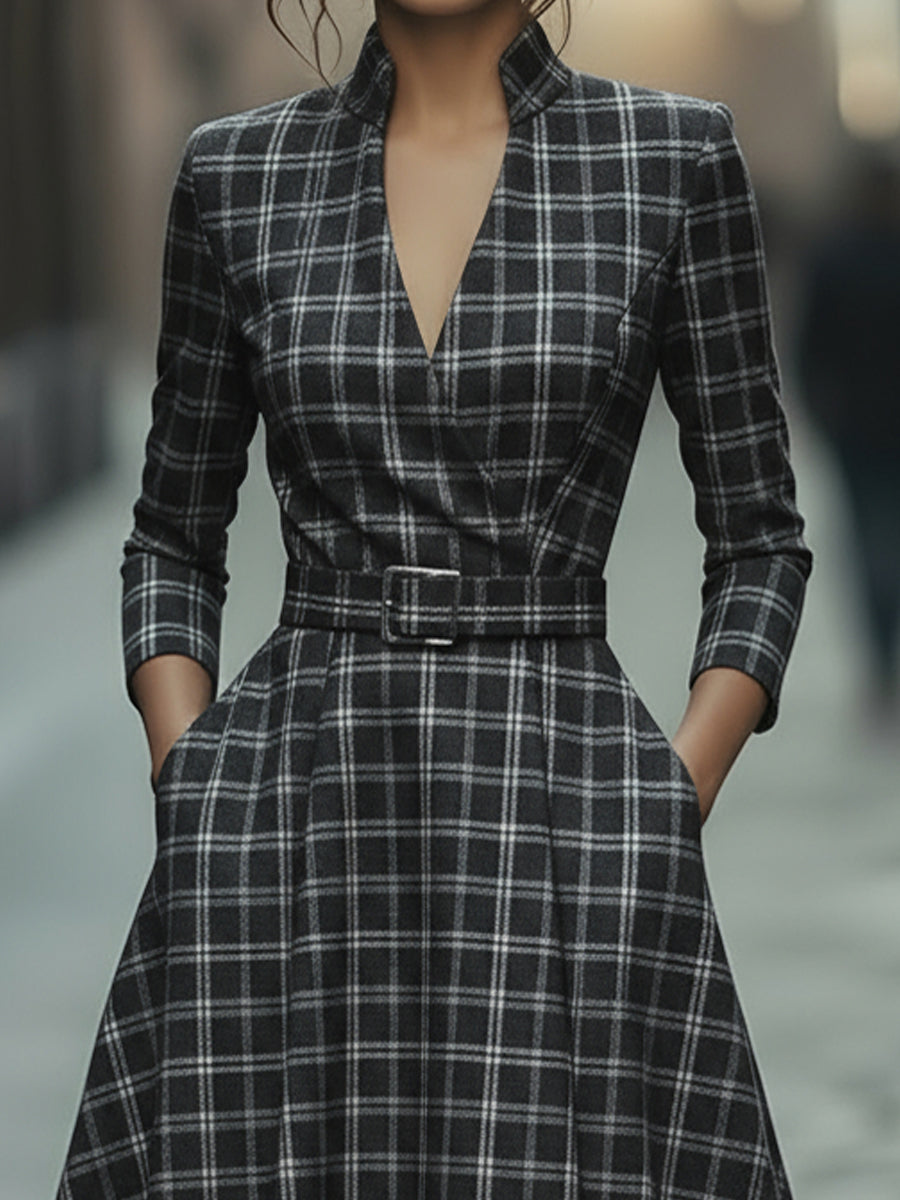 Plaid Check Belted Dress With V-Neckline