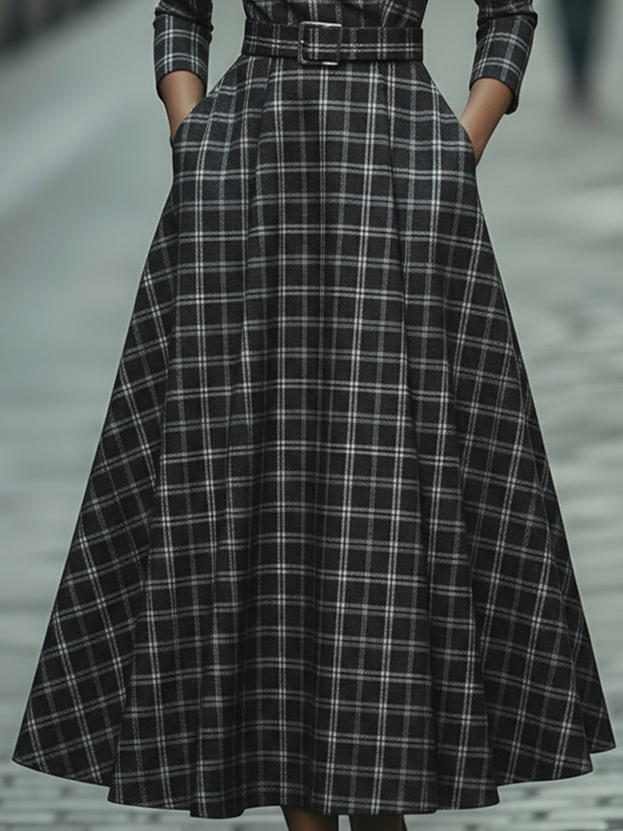 Plaid Check Belted Dress With V-Neckline