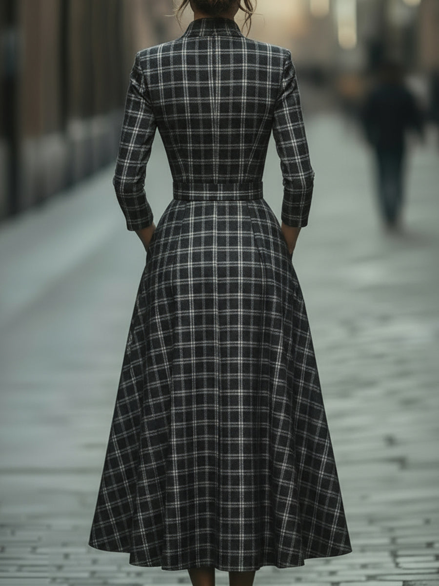 Plaid Check Belted Dress With V-Neckline