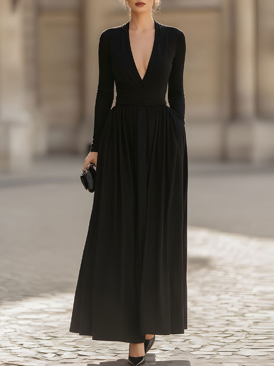 Black Deep V-Neck Long Sleeve Maxi Dress With Pockets