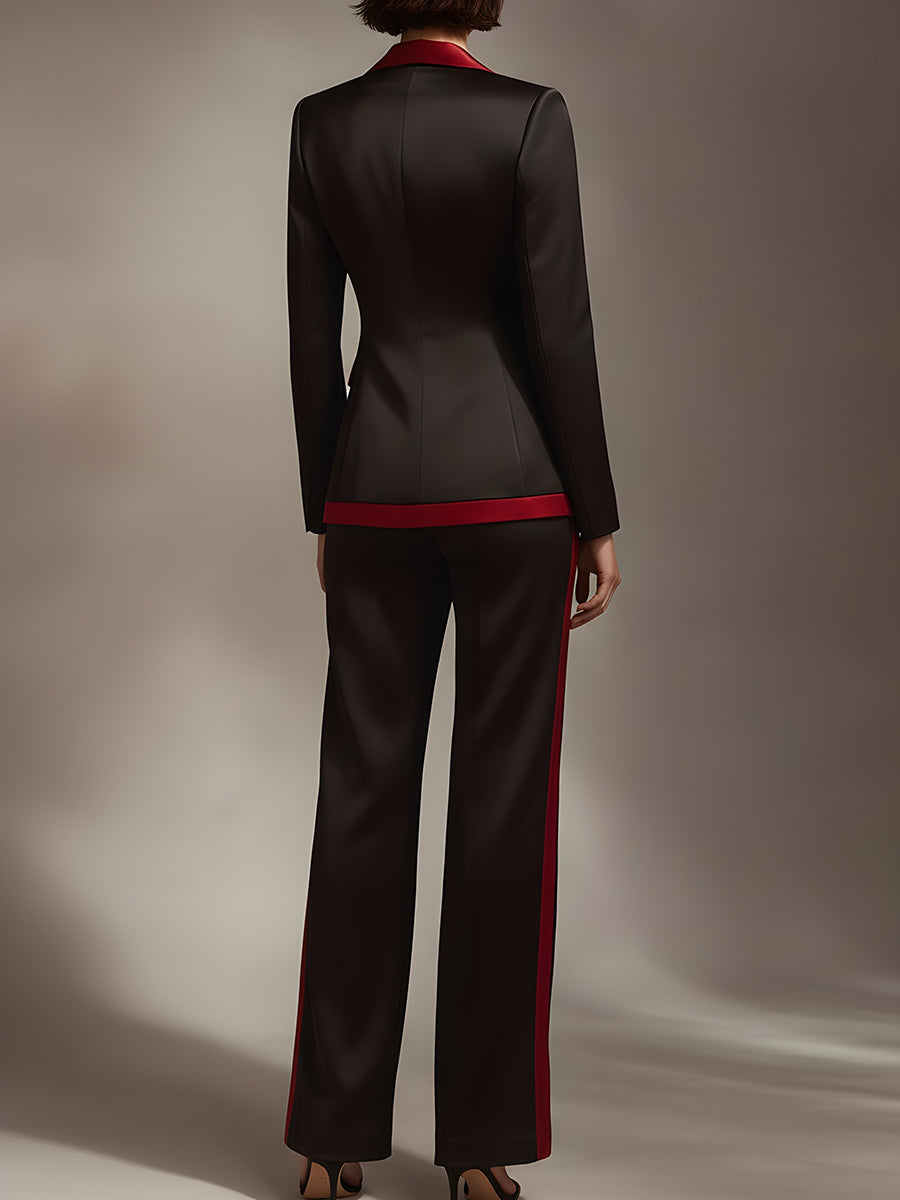 Black And Red Contrast Satin Tailored Pantsuit