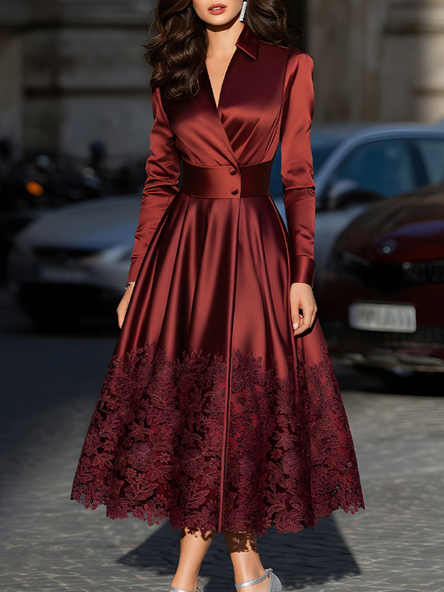 Burgundy Satin Belted Midi Dress With Lace Hem