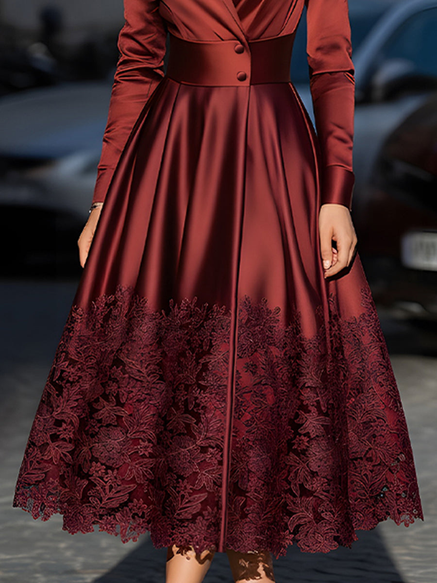 Burgundy Satin Belted Midi Dress With Lace Hem