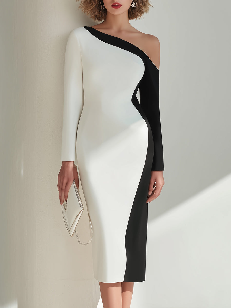 Black And White One-Shoulder Colorblock Midi Dress