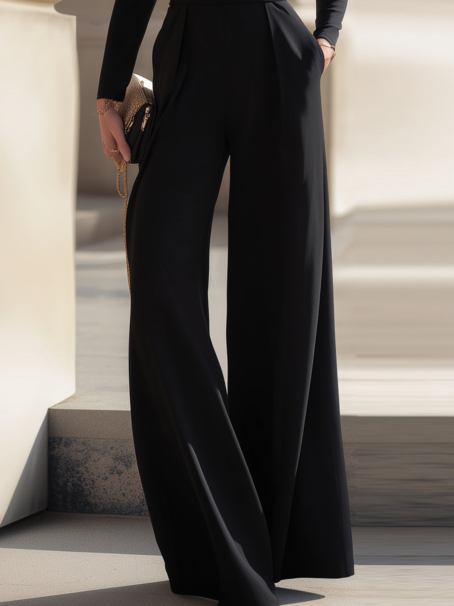 Black Draped High-Neck Top & Wide-Leg Pants Two-Piece Set
