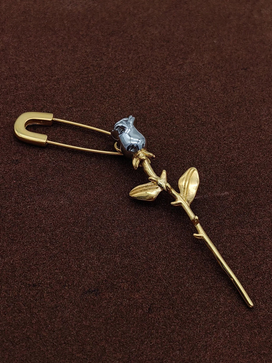 Artistic Rose Stem Pin Brooch With Sculpted Metallic Details