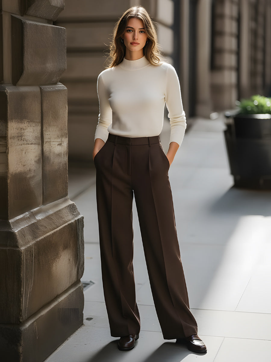 Ivory Knit Mock-Neck Sweater With Chocolate Tailored Wide-Leg Trousers