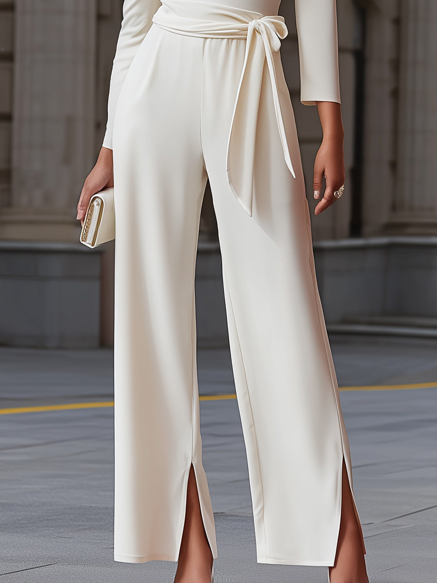 Asymmetric Off-Shoulder Belted Wide-Leg Jumpsuit