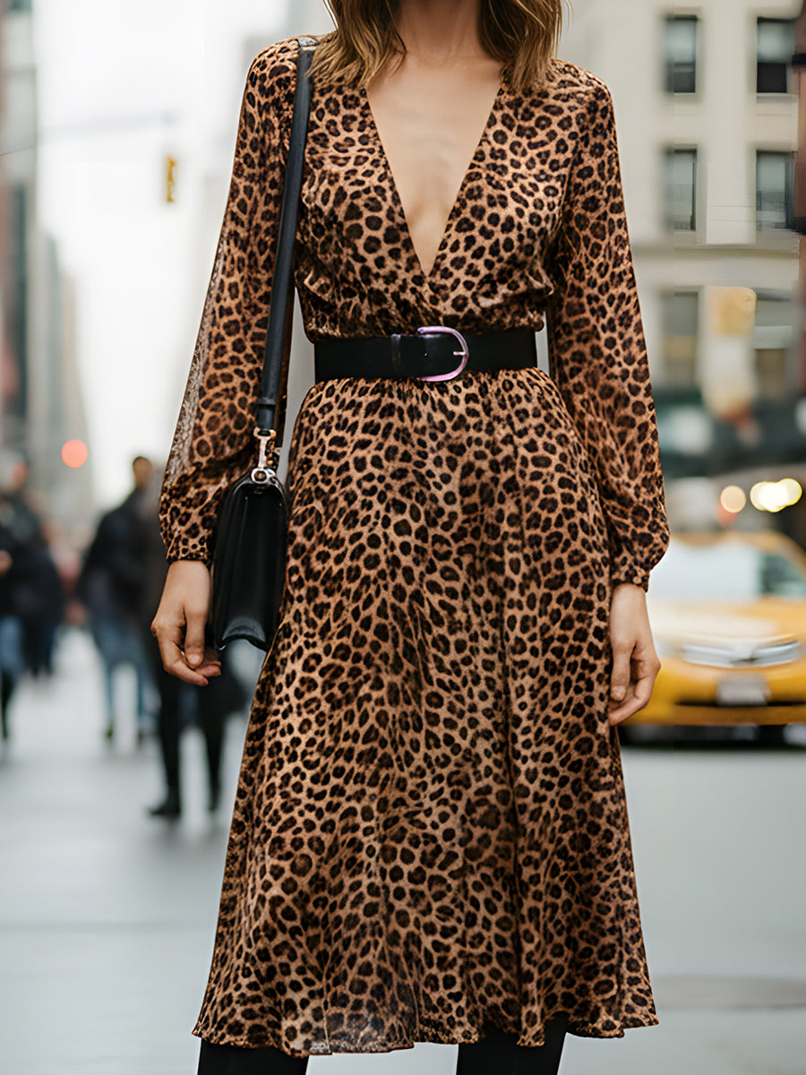 Belted V-Neck Long-Sleeve Leopard Midi Dress