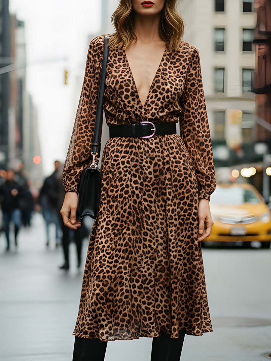 Belted V-Neck Long-Sleeve Leopard Midi Dress