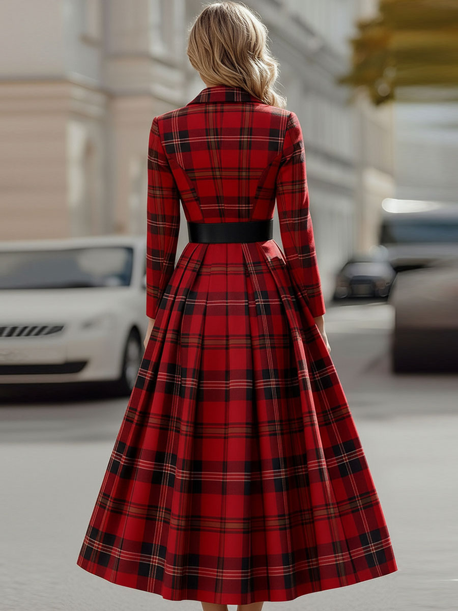 Mooyius Statement Red Plaid Trench Dress With Gold Buckle Belt