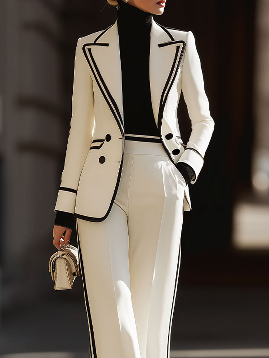 White Contrast - Trim Double - Breasted Suit Set