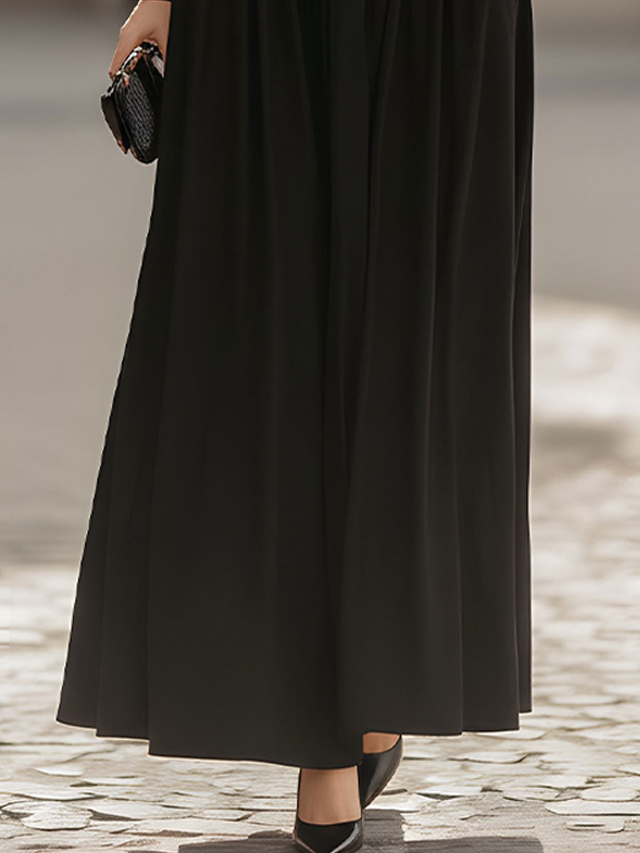 Black Deep V-Neck Long Sleeve Maxi Dress With Pockets