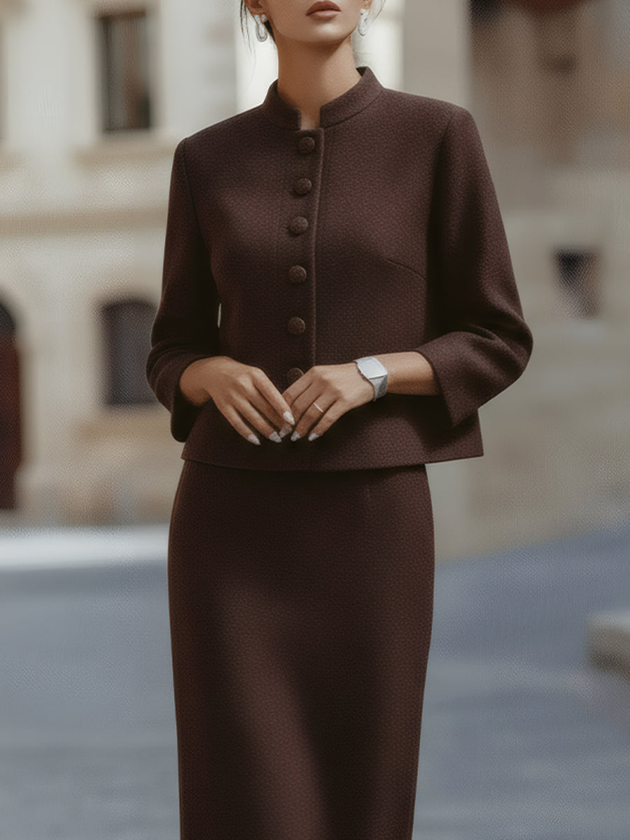 Deep Mocha Midi Skirt Suit With Stand Collar