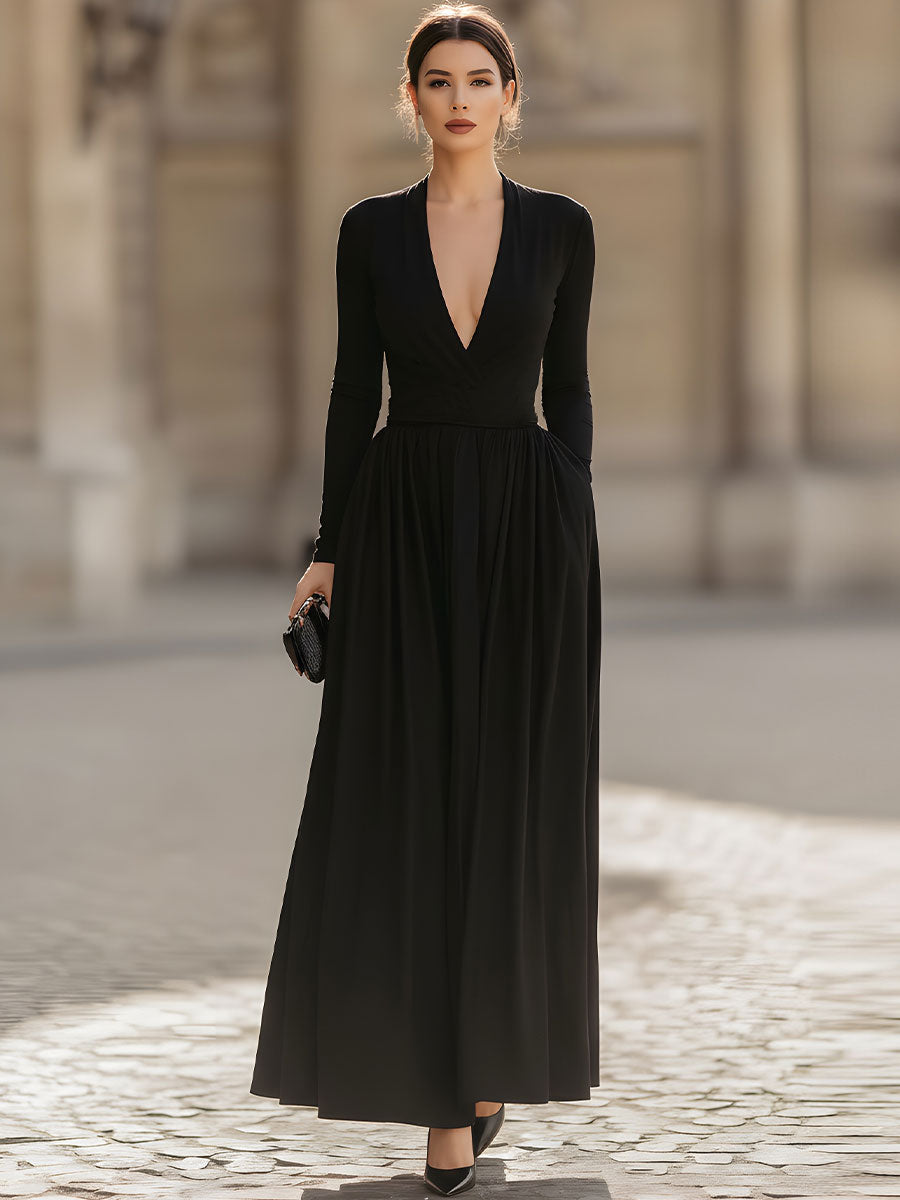 Black Deep V-Neck Long Sleeve Maxi Dress With Pockets