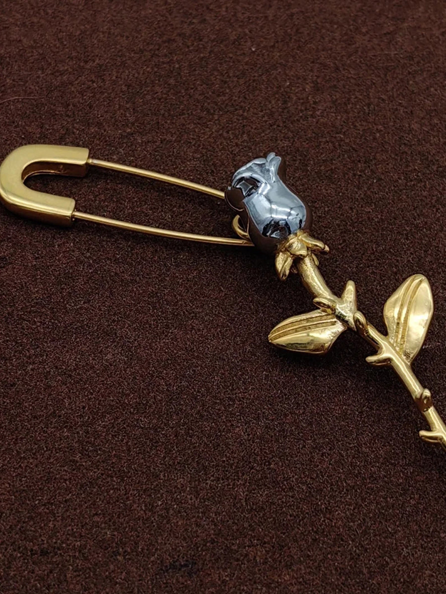 Artistic Rose Stem Pin Brooch With Sculpted Metallic Details