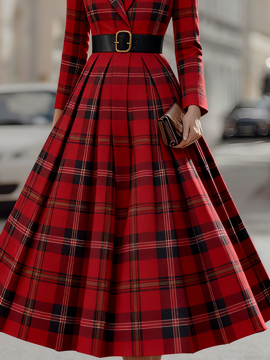 Mooyius Statement Red Plaid Trench Dress With Gold Buckle Belt
