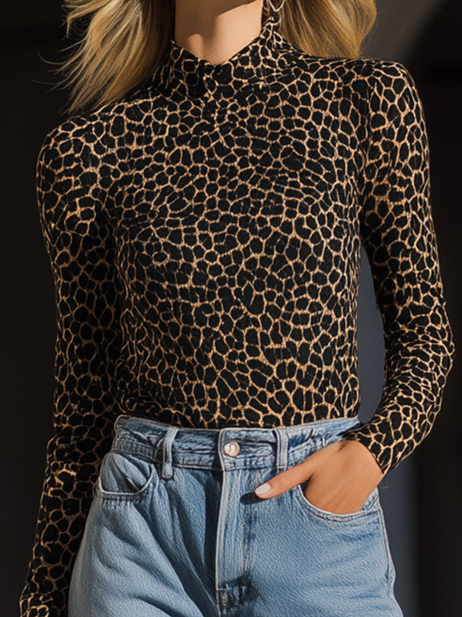 Leopard Print High-Neck Stretch Top