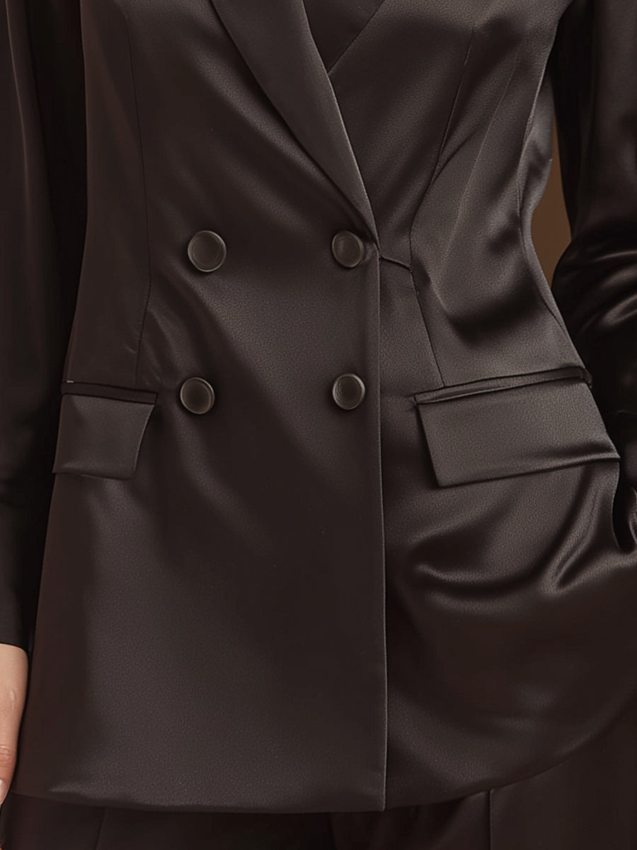 Black Double-Breasted Satin Blazer With Structured Tailoring