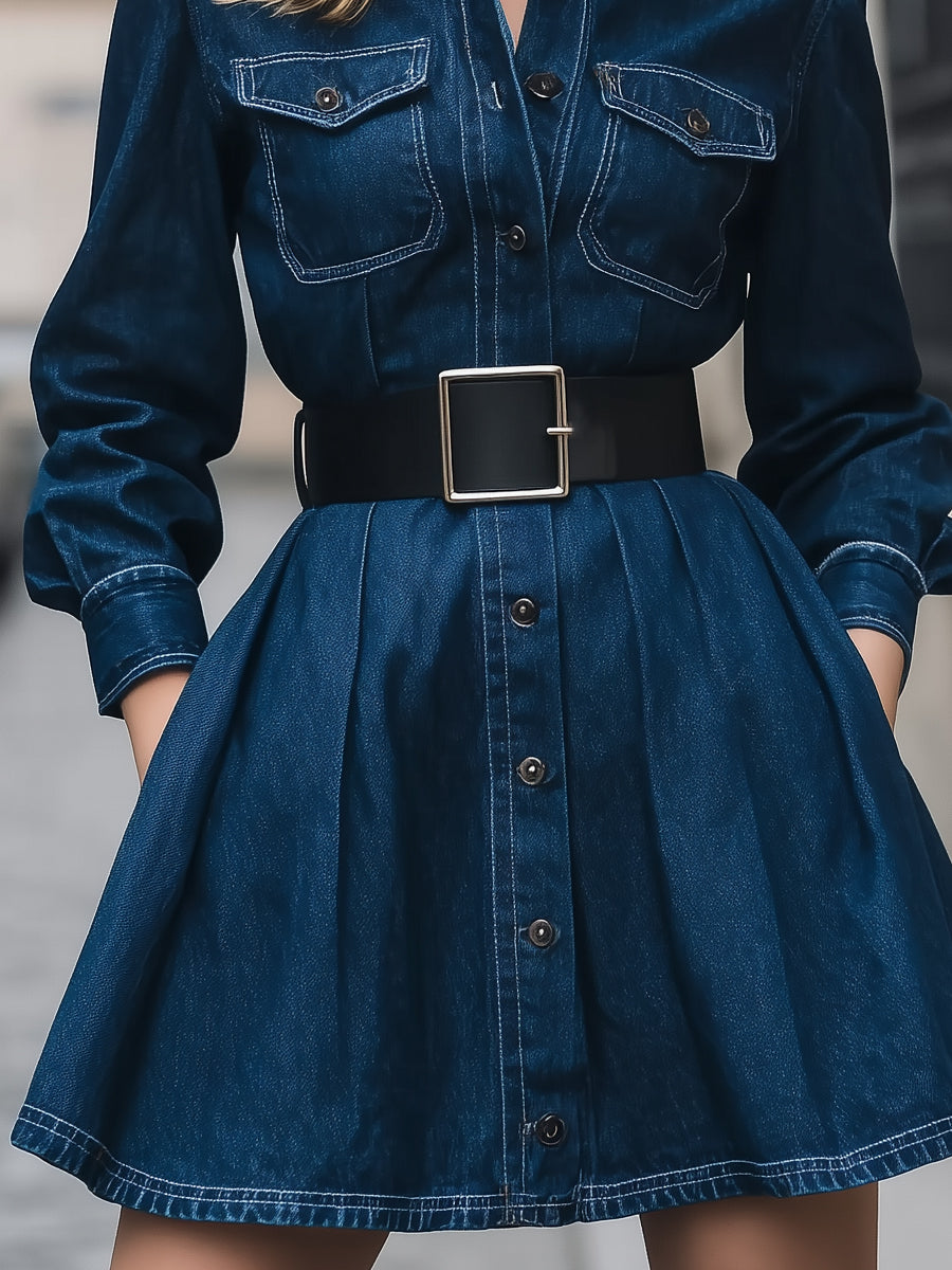 Belted A-Line Denim Shirt Dress With Structured Pleats