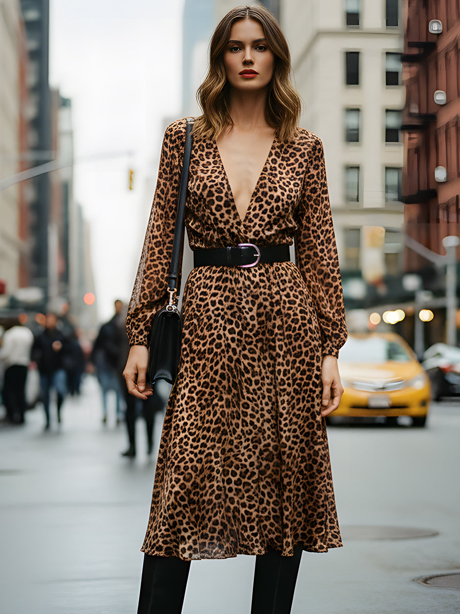 Belted V-Neck Long-Sleeve Leopard Midi Dress